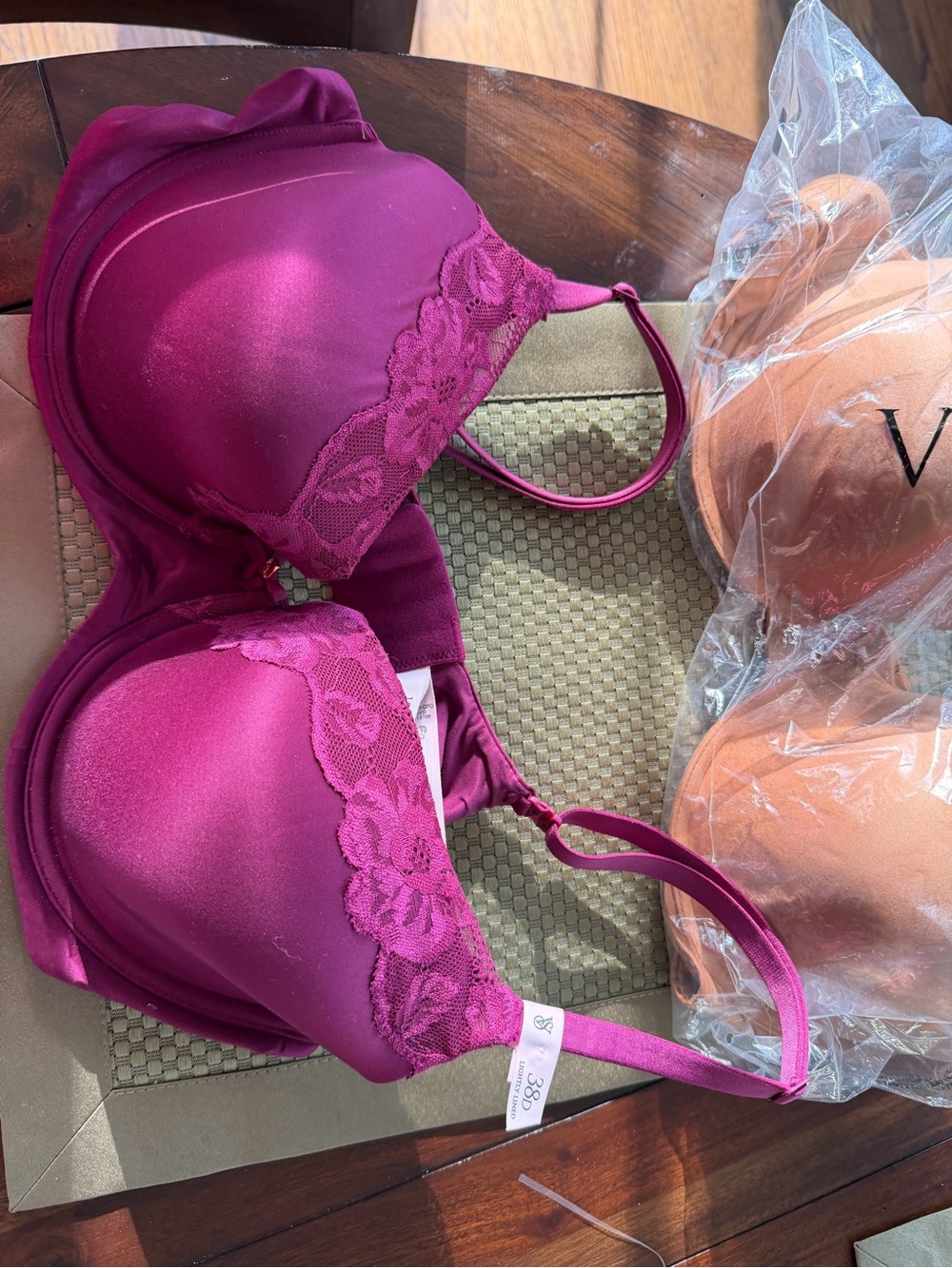 2 New with tags Victoria's Secret Wine Lace / beige Underwire Bras 38D